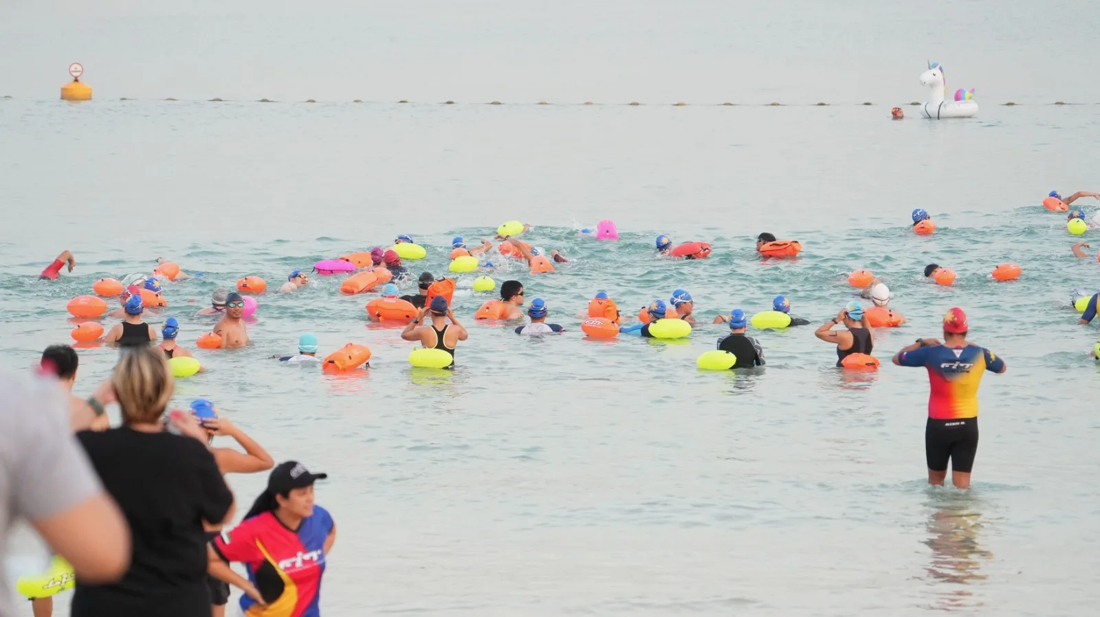 Swimmers and their buoys heading into the sea